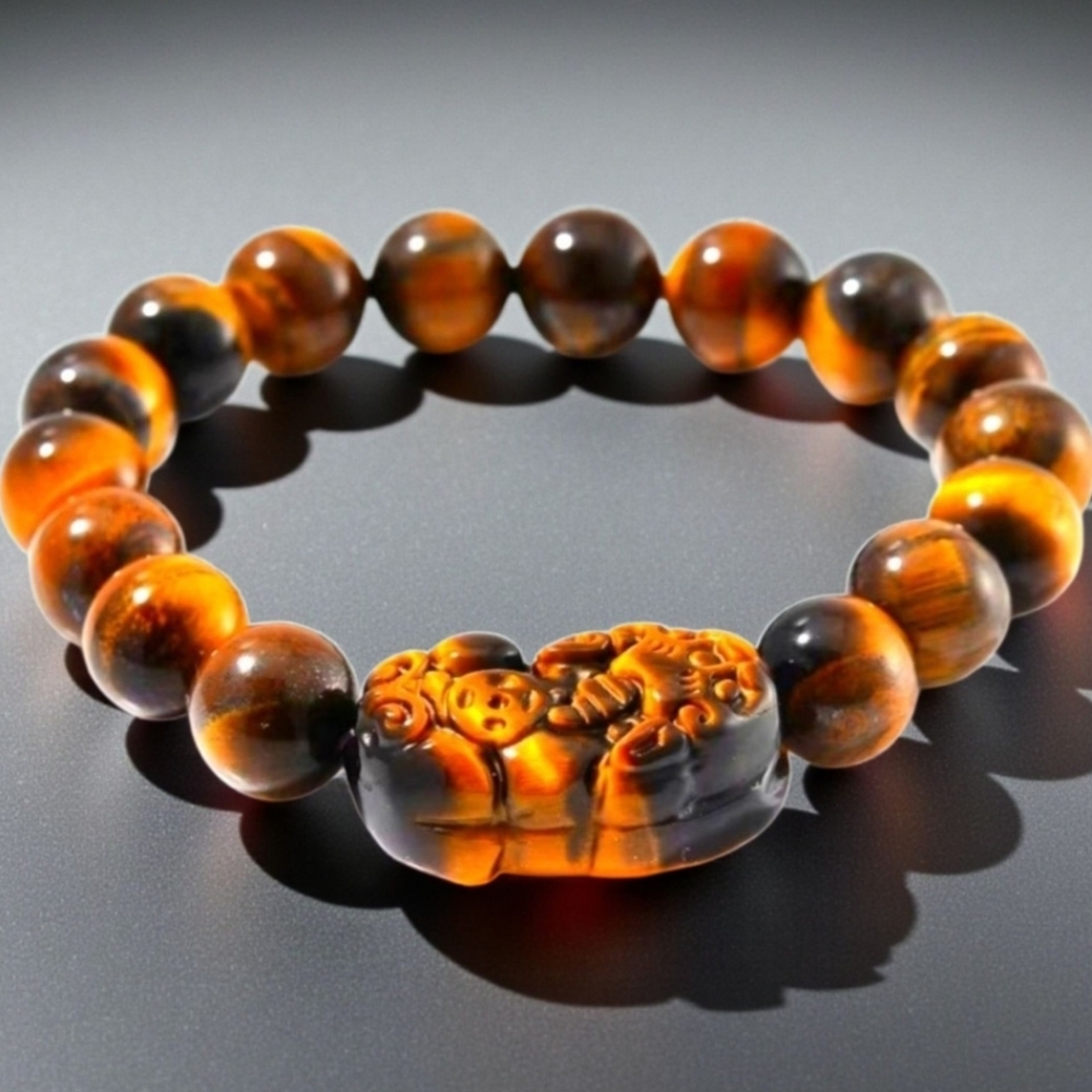 🔥Yellow Tigers Eye 150.00 ctw Beaded Stretch Bracelet with Feng Shui Carving